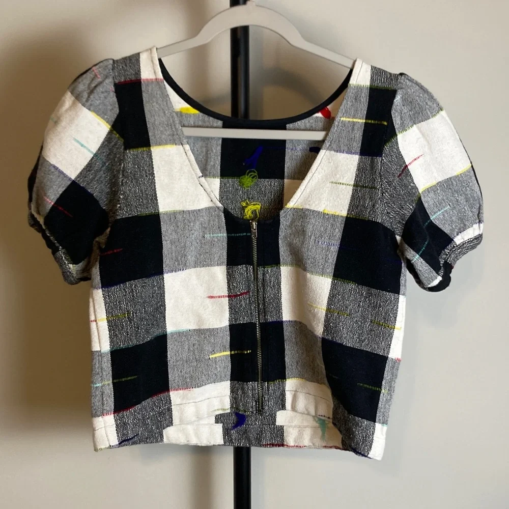 Anthro The Odells Top Gingham Buffalo Check Puff Sleeve Cotton Canvas Blouse XS